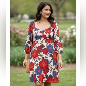 Maurices Red and Blue Floral Long Sleeve Dress